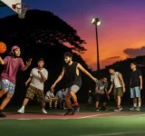夕暮れのバスケットボール
