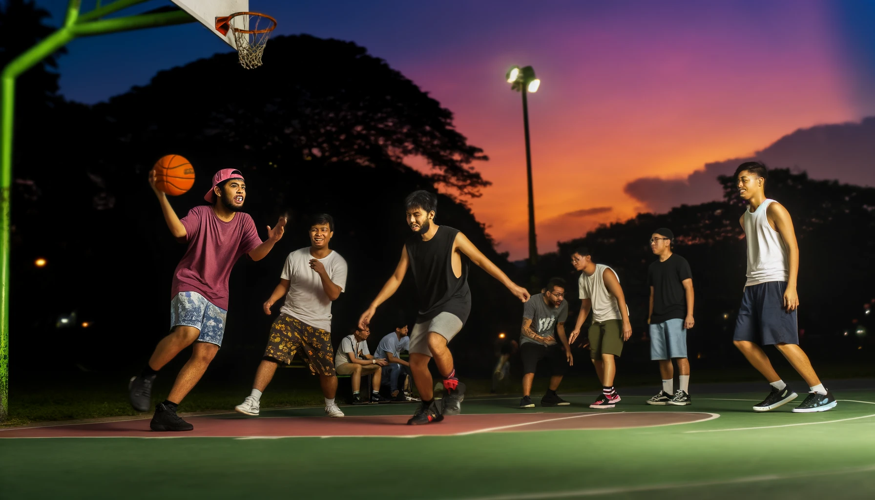 夕暮れのバスケットボール